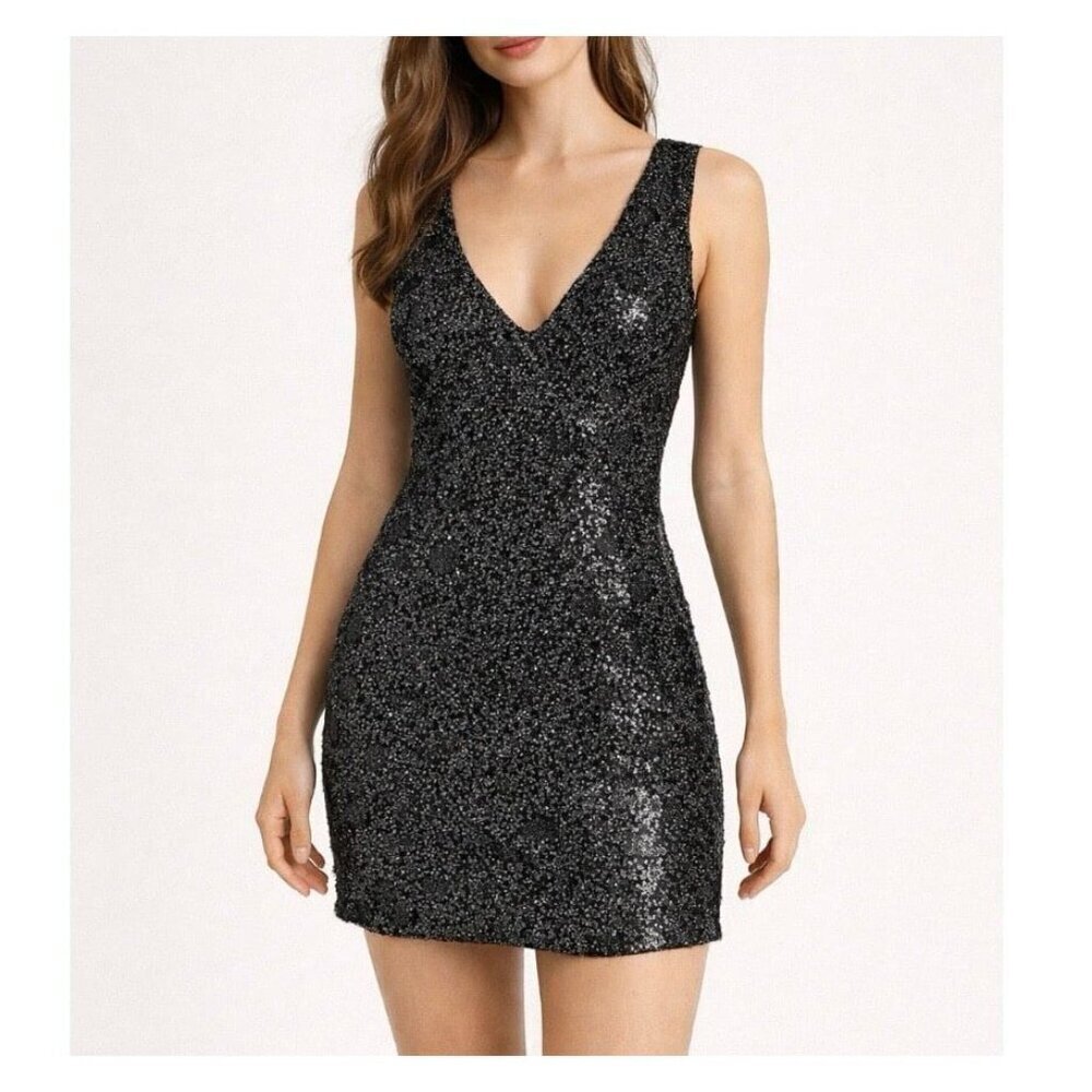 Express Dark silver sequined sleeveless mini dress gun metal V-neck A-line SZ M
